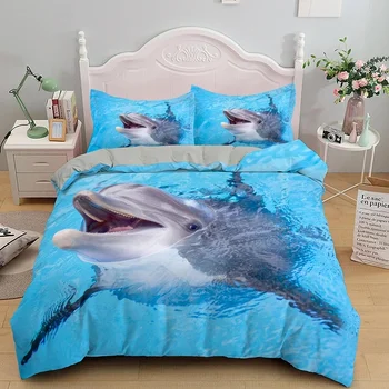 Juego de cama 3D de delfines en el mar azul, tamaño King, edredón individual de animales, funda nórdica, cama para niños y adultos, ropa de cama de poliéster 1