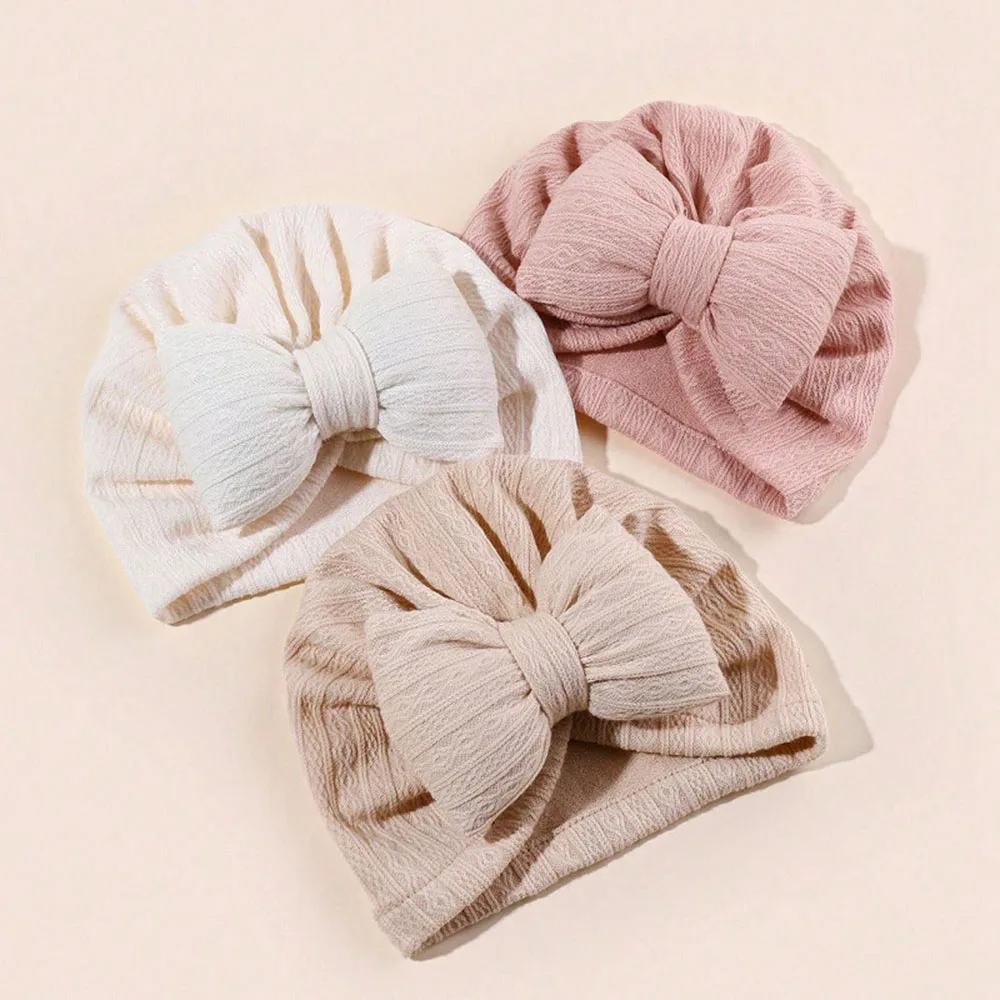 Baby Unisex Turban Hat Waffle-Knit Soft Toddler Hospital Cap Big Bowknot Beanie Headwrap Headband For Infant Kid