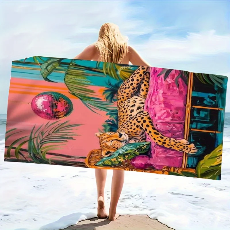 Retro Leopard Beach Towel Super Absorbent Quick Dry Microfiber Bath Blanket Vintage Tropical Art for Picnic & Seaside Getaways