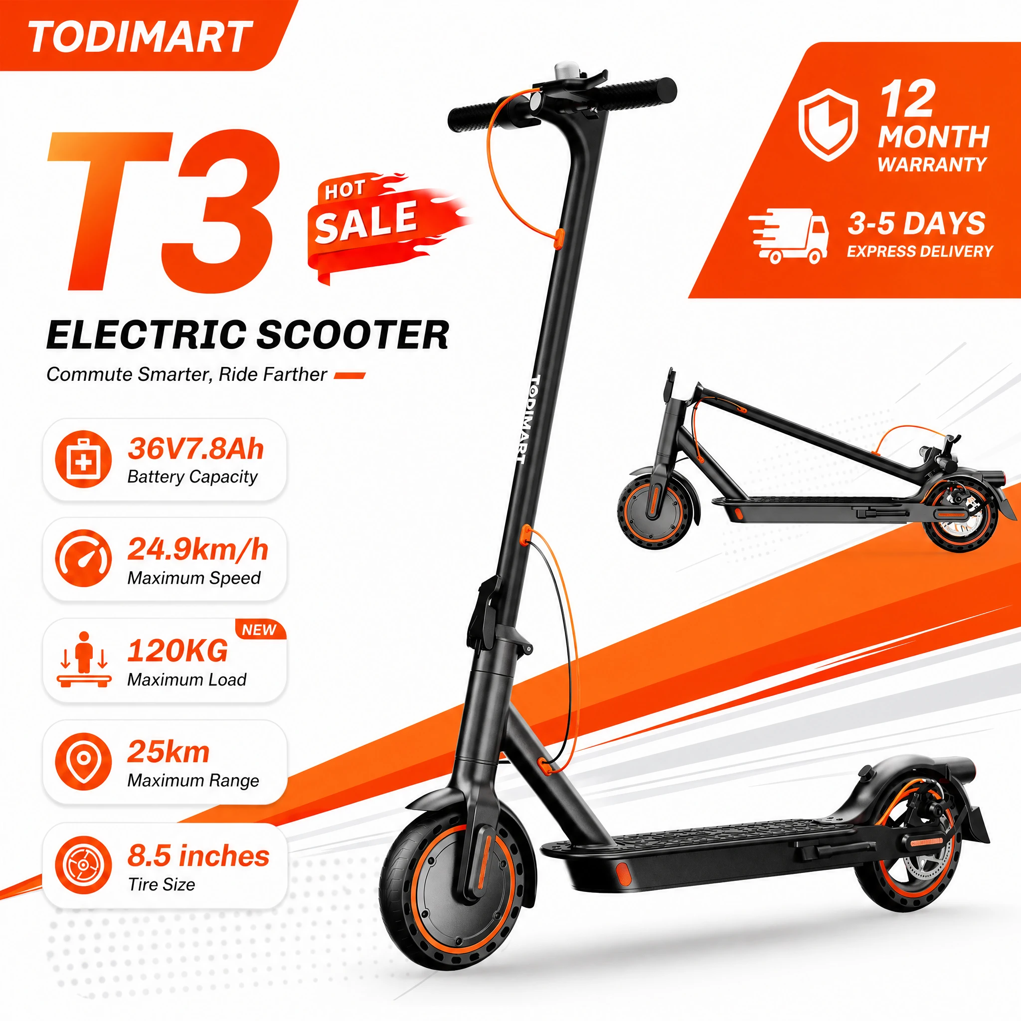 Patinete eléctrico plegable para adultos TODIMART T3, compatible con la aplicación, motor de 249 W, velocidad máxima de 24,99 km/h, batería