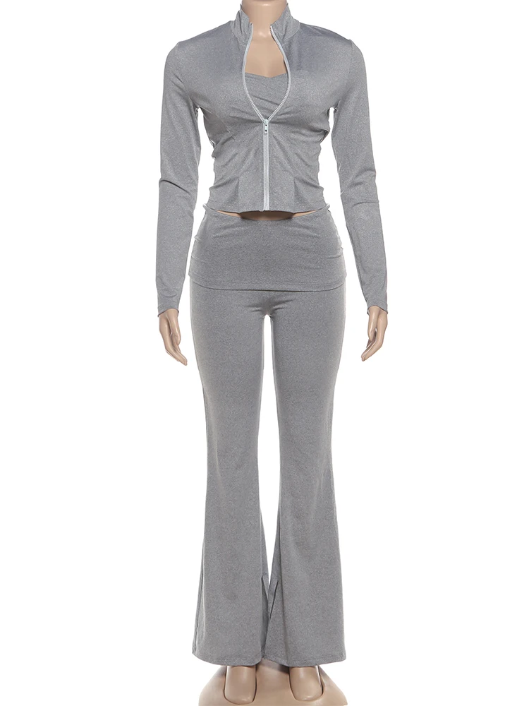 Weird Puss Casual 3 Piece Set Women Simple Tracksuits Zip Full Sleeve Jacket+Strapless+Flare Pants Stretch Sporty Street Suis