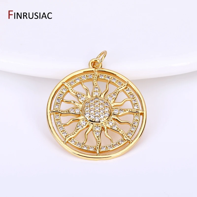 14K Gold Plated Round Sun Charms Brass Inlaid Zircon Sun Pendants For DIY Nacklace Making Jewelry Making Accessories