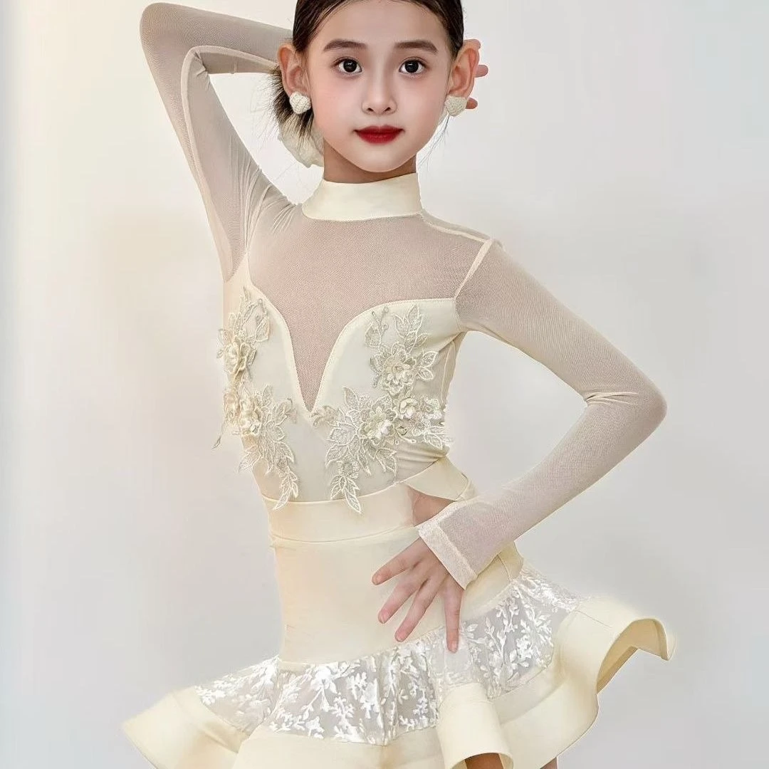 Schwarzes Latein-Tanzkleid für Mädchen, hochgeschlossener Kragen, lange Ärmel, Tanzbekleidung für Kinder, Cha-Cha, Standardtanz, Swing-Tanz, Trainingskostüm. – Detail 7
