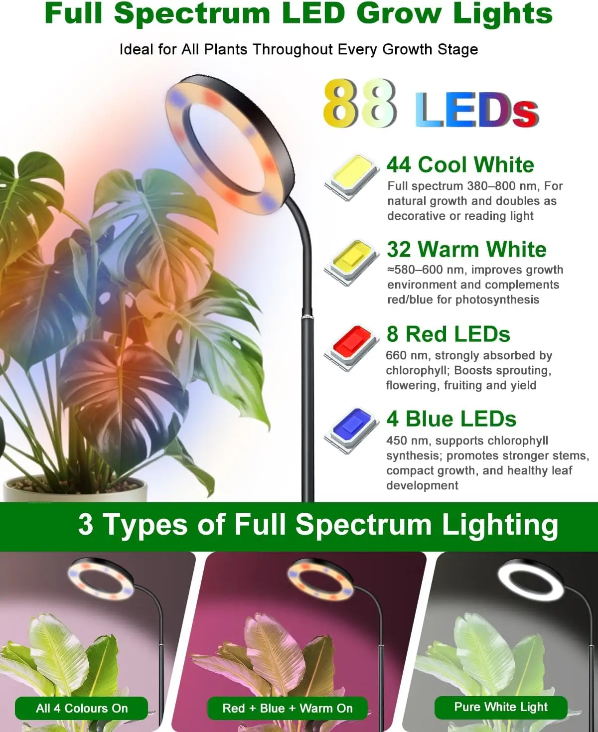 KEBINCPLED Circular Floor Plant Growth Light Led Tripod Plant Growth Lamp USB 5V 90Leds 4Colors Indoor Potted Flower Lighting