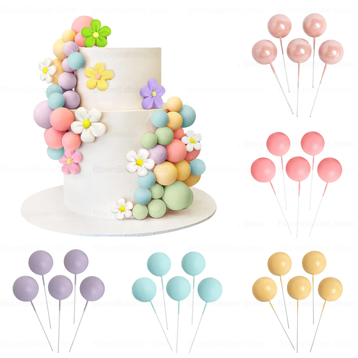 5Pcs 2-4cm Balls Cake Toppers Rose Gold Silver Balls Cake Topper for Birthday Party Wedding Anniversary Baby Shower Decorations