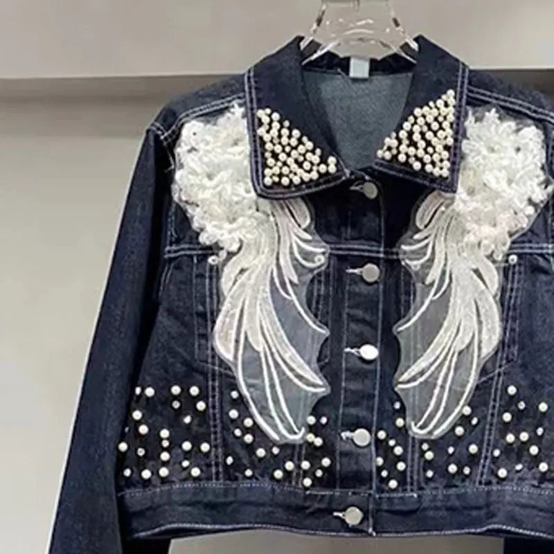 Fashion Trend Heavy Industry Beaded Jacket Skirt Jeans Sets Loose Versatile Casual Single-Breasted Short Jacket Women Outerwear