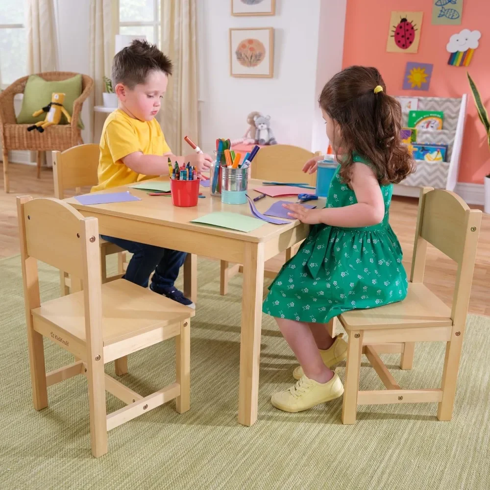 Conjunto de mesa de madeira e 4 cadeiras, mobiliário infantil para artes e atividades, presente natural para idades 3-8