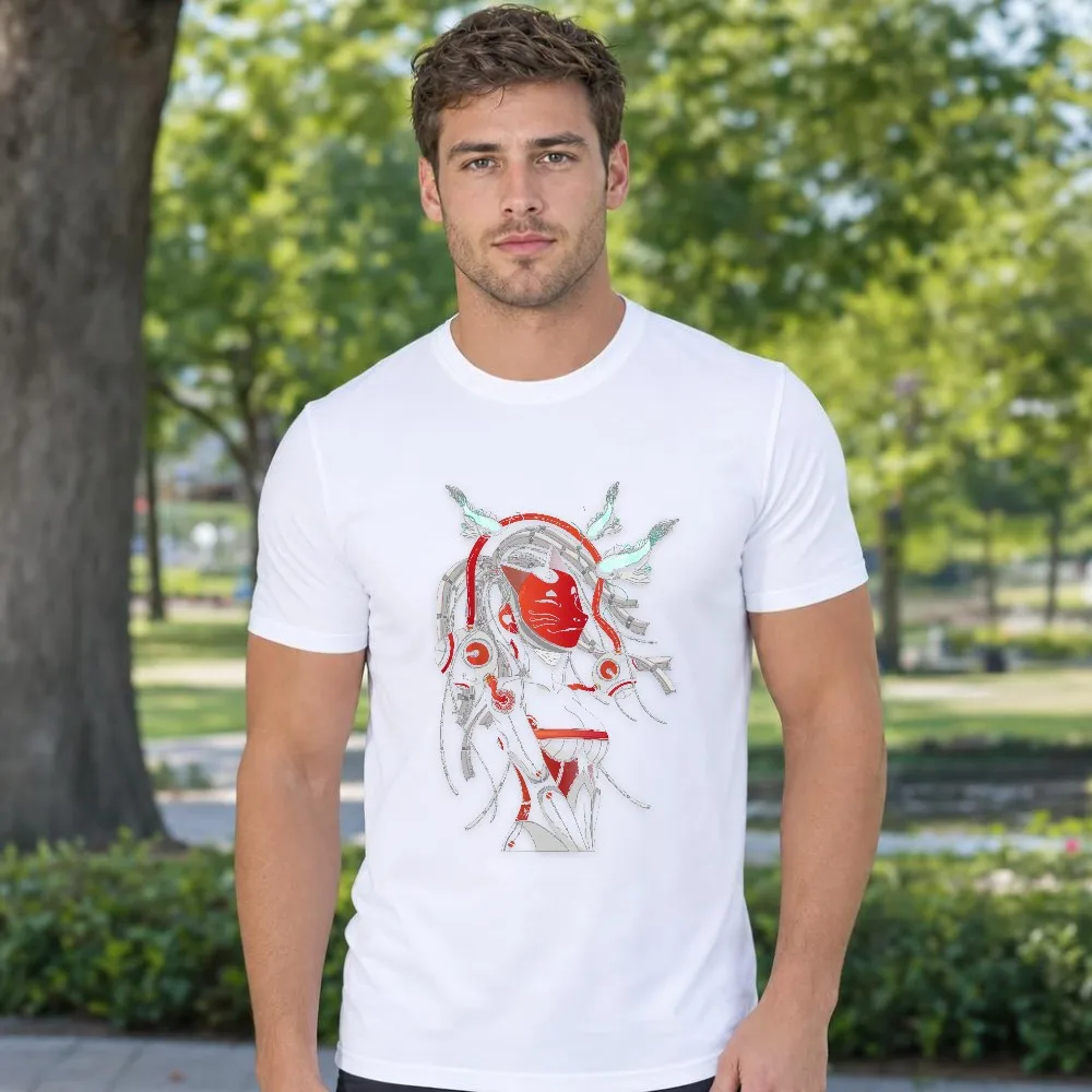 Men T Shirt Fox Mask Android Geisha Graphic Futuristic Anime Art Short Sleeve Festival Outfits Top