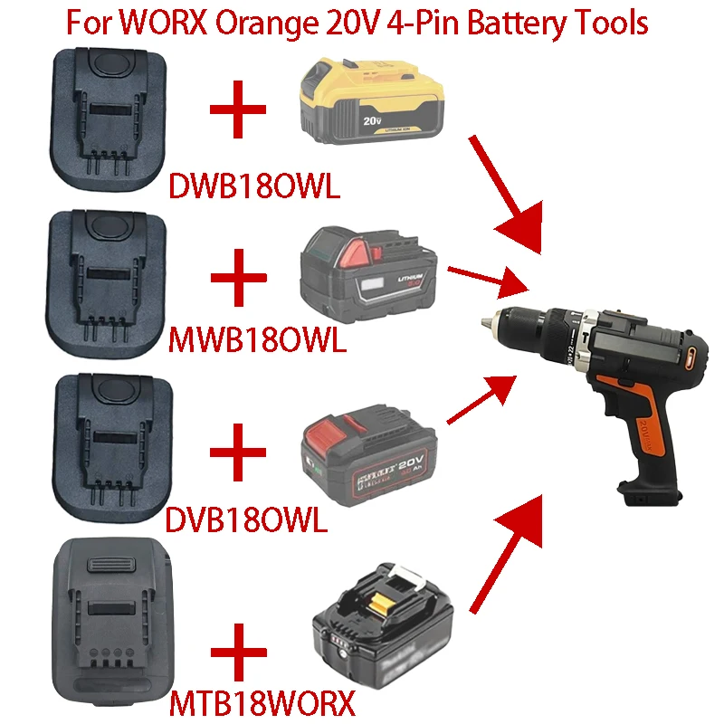 

DWB18OWL/MWB18OWL/DVB18OWL/MTB18WORX Adapter for Worx 4 Pin Orange Small Foot Tools for DeWalt/Makita/Milwaukee/Devon Batteries