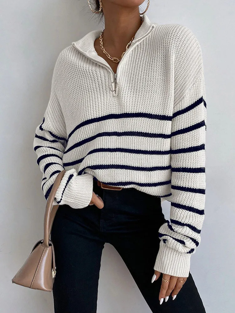 Fashion zipper knitted shirt loose top women\'s cross color striped sweater simple and versatile