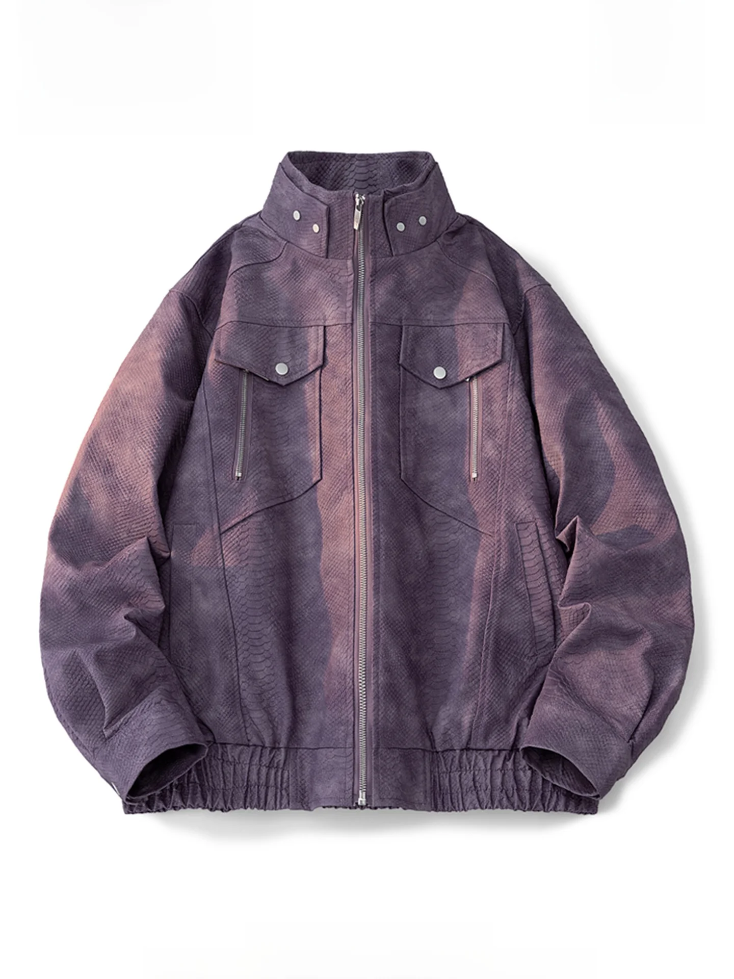 

Tonlion up Dso Men's Purple Jaet Crocodile Pattern Leather Coat American Sle Vintage Stand Collar Outerwear