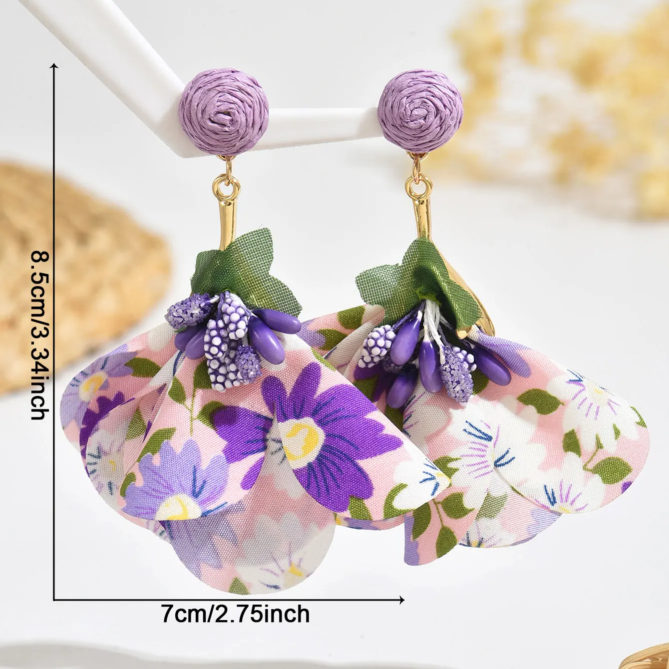 Bohemian Raffia Fabric Floral Fringe Earrings: Lightly Luxurious, High-End Beach Vacation Style