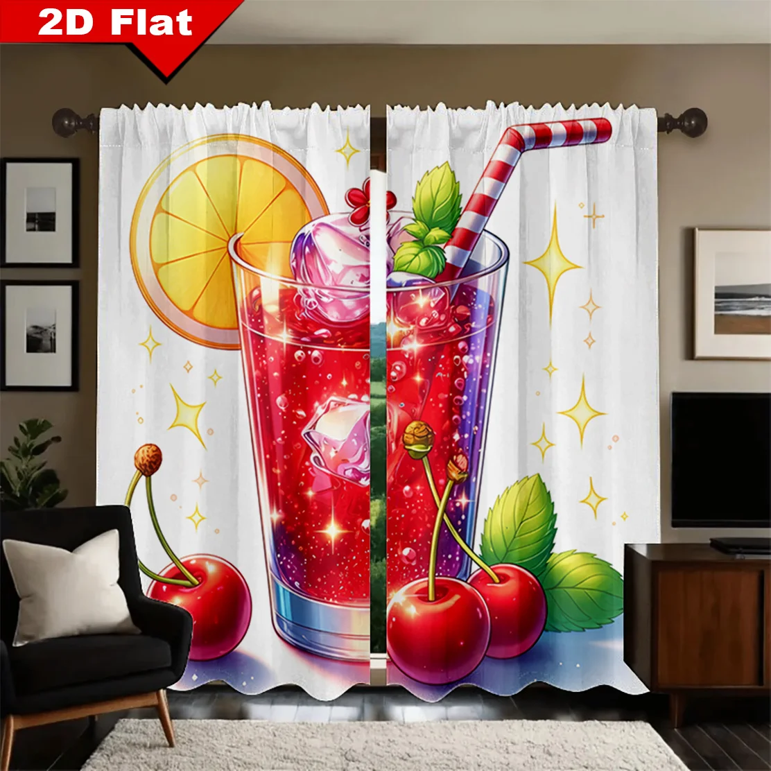 Summer Cocktail Fruit Curtains Tropical Drapes Pop Art Bathroom Shower Curtain Vibrant Lemon Drink Kitchen Window Decoration