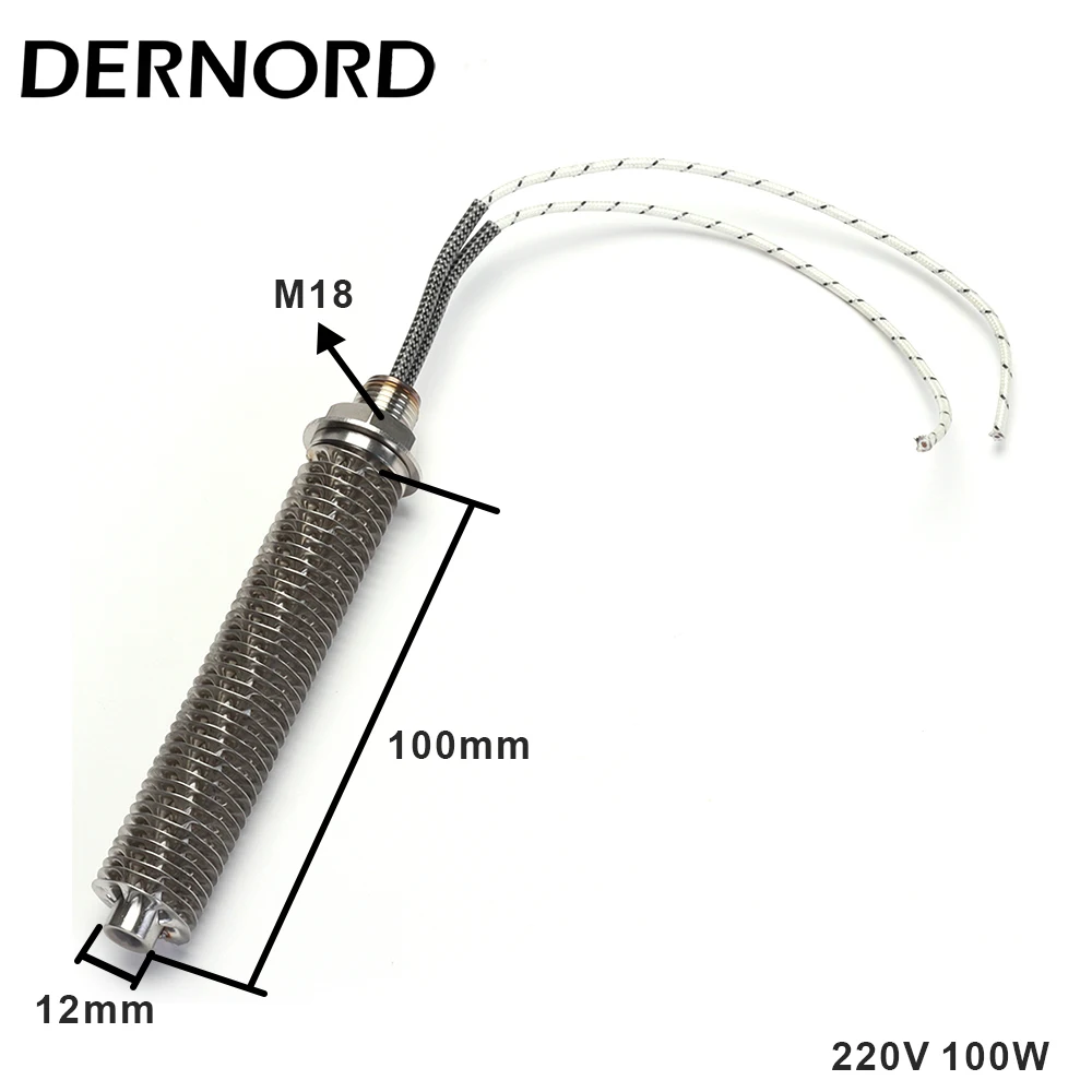 DERNORD 220v Finned Heater Hot Air Heating Element with M18 Thread SUS304 Electric Tubular Heater 100w/200w/300w/400w/500w