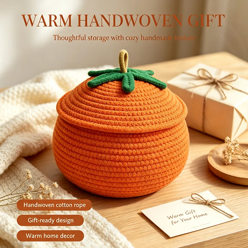 Handwoven Cotton Rope Storage Basket with Lid Lucky Persimmon Shape Housewarming for Good Fortune&Tidy Living Home OrganizerGif