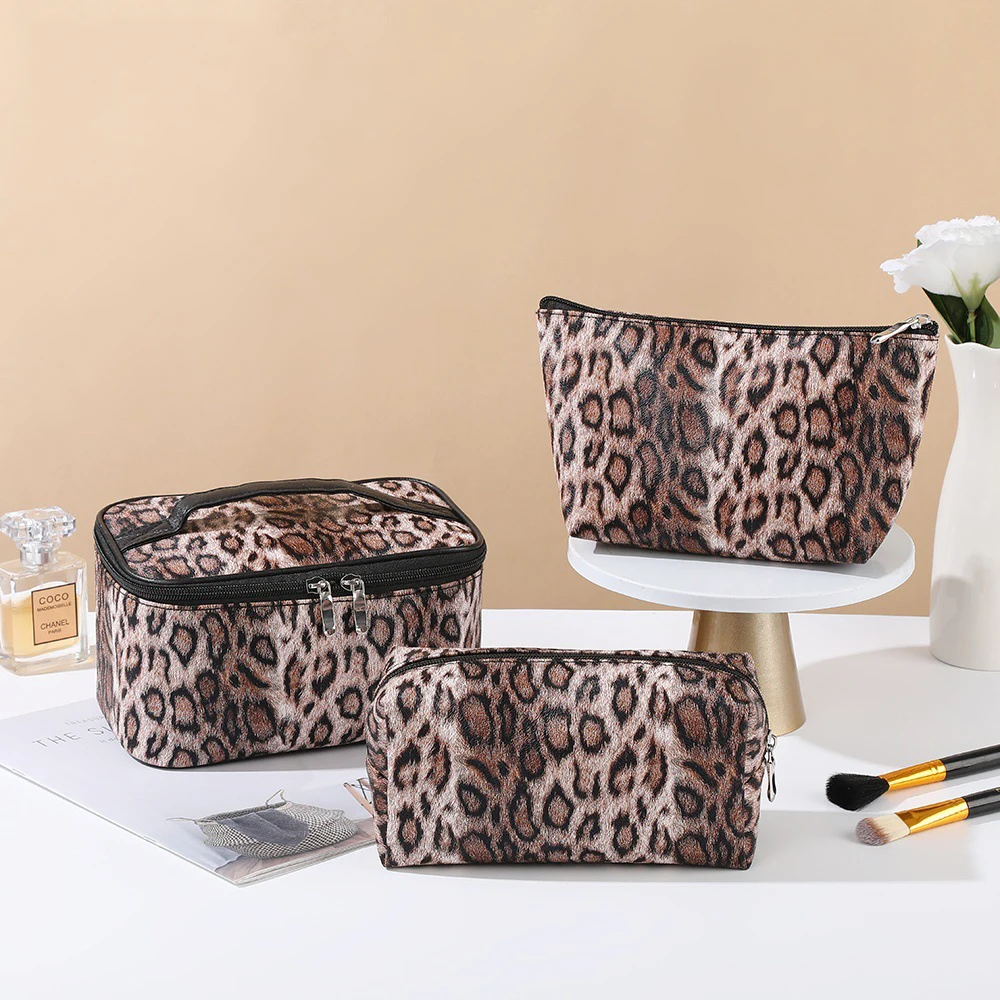 PU Korean Leopard Makeup Bag Retro Portable Large Capacity Toilet Handheld Fashionable Versatile Multi Functional Storage Bag