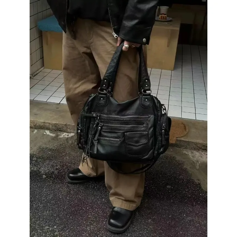 Functional tooling, wind black locomotive bag, multi-zipper, multi-pocket, large-capacity shoulder messenger bag.