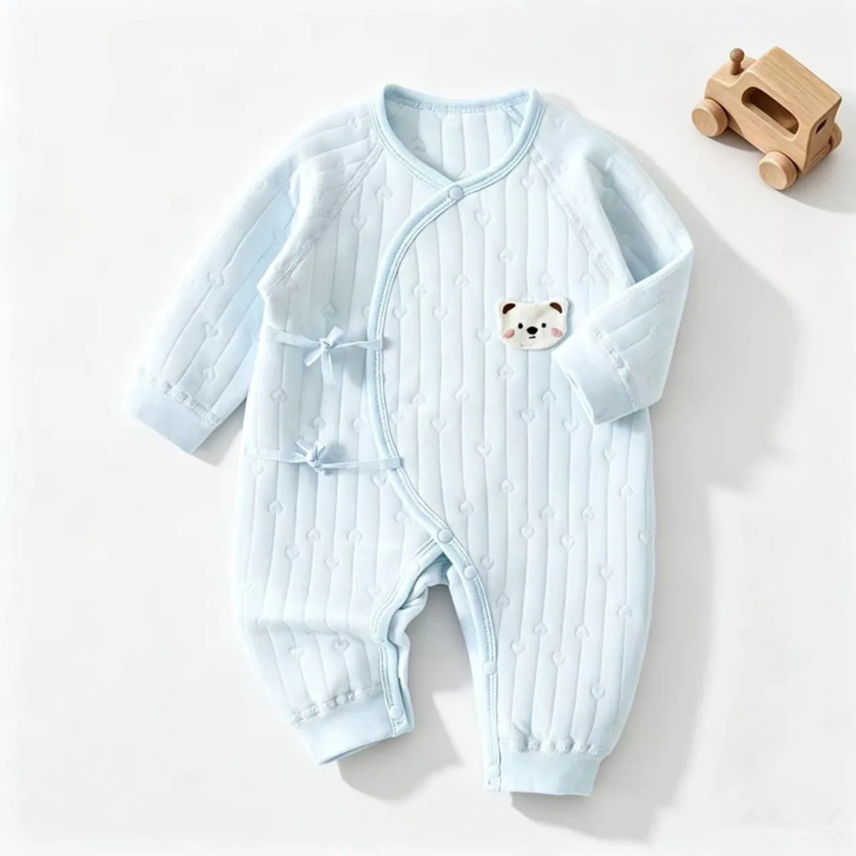 Newborn Baby Cotton Romper Long Sleeve Insulated Interlining Unisex Onesie with Adjustable Side Tie for Spring Autumn 0-6 Months