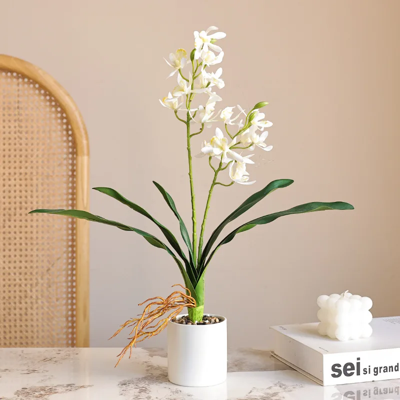 Orquídea de mariposa de tacto manual con hojas, flores falsas de cymbidio para fiesta en casa, boda, bonsái, accesorios de decoración de mesa, 2 tenedores
