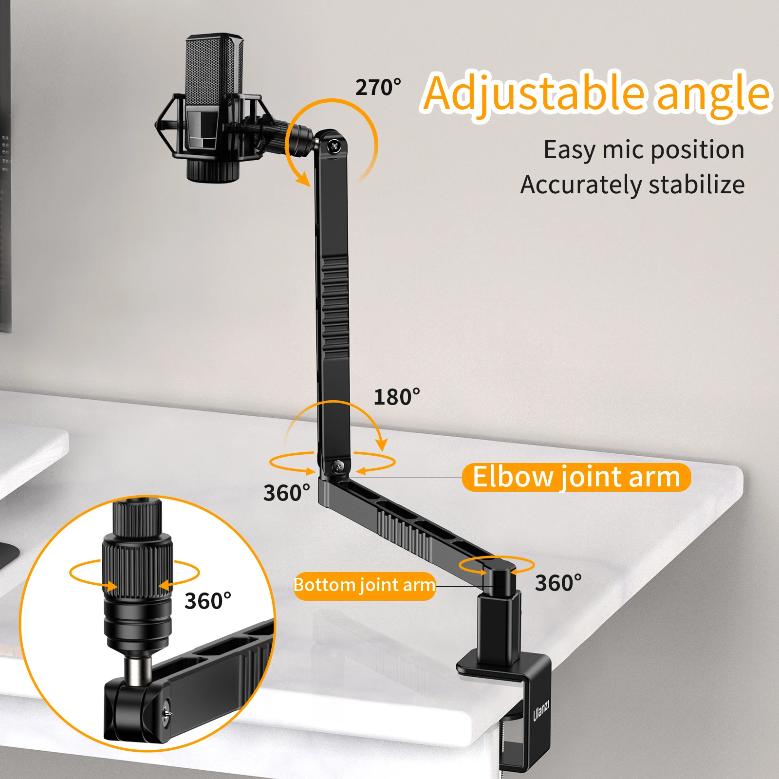Ulanzi-Upgraded LS26 Suporte Microfone de Baixo Nível, Grampo Ajustável Clip, Desktop Mic, Suporte Braço Boom, Ajuste Multi-Ângulo
