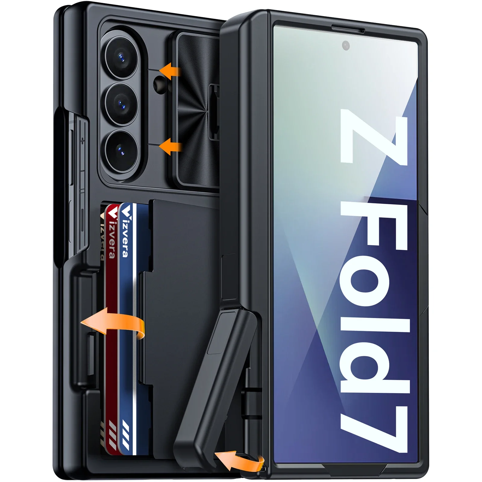 for Samsung Galaxy Z Fold 7 Phone Case,with RFID Cards Holder,Hidden bracket,Camera Cover,Shockproof Silicone Wallet Case-Black