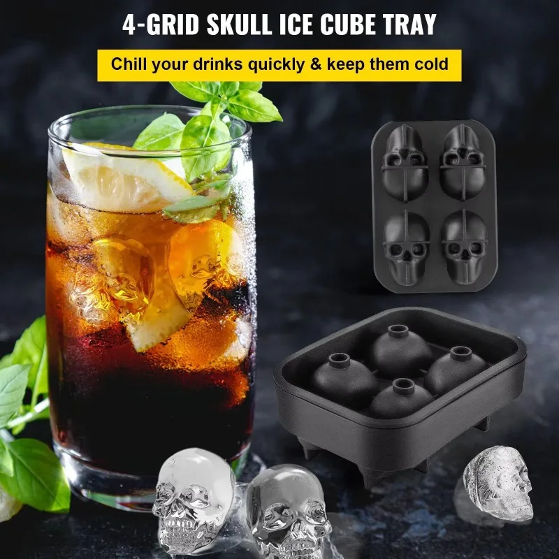 Flexible Black Silicone Skull Ice Cube Tray 4 Grid 1.6 