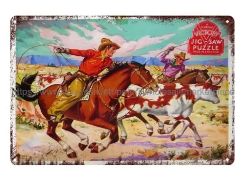 Round Up Jigsaw puzzle cowboy metal tin sign  wall accents sign