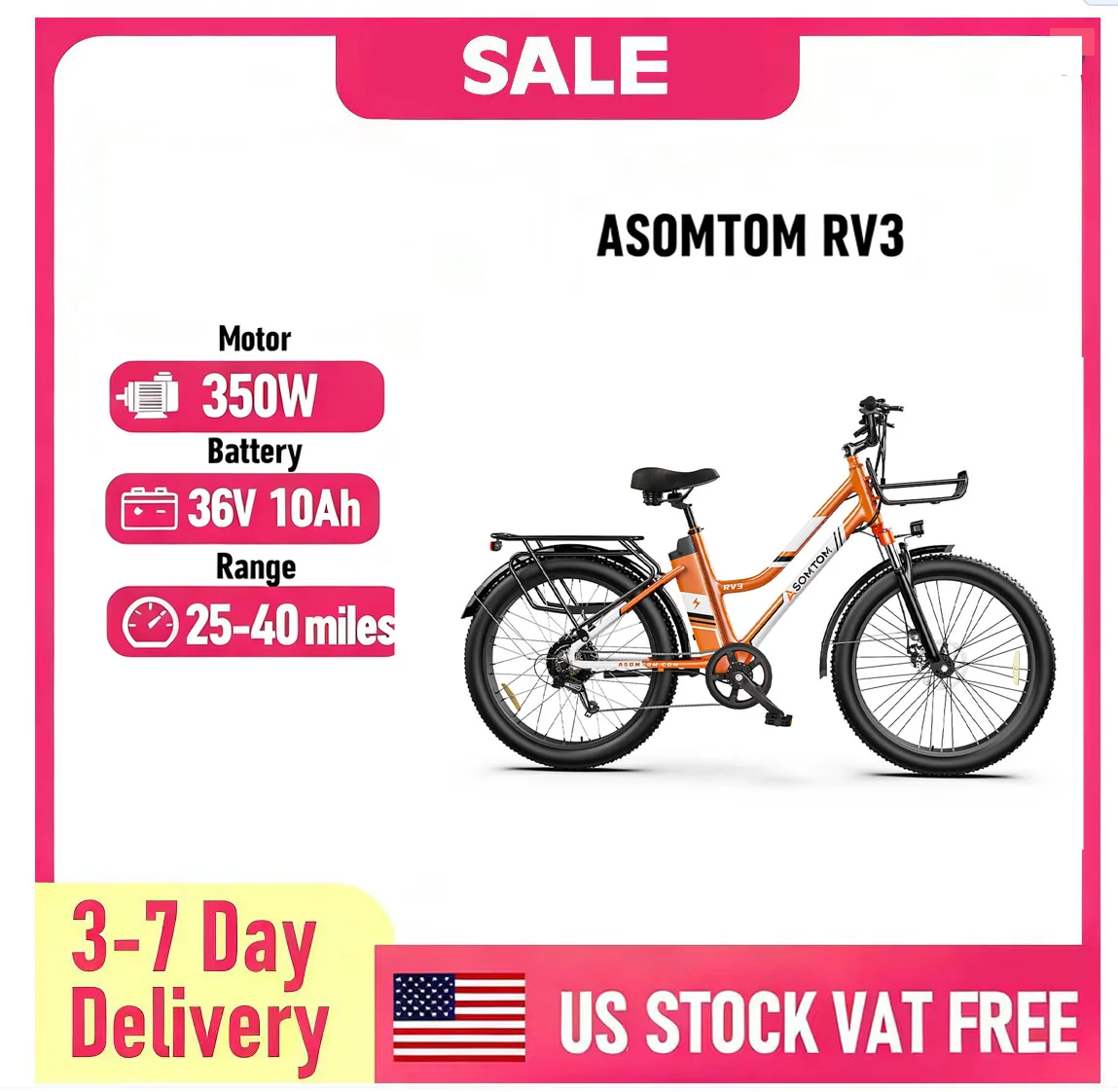 

ASOMTOM RV3 26" Urban Commuter Orange Electric Bike 350W Motor 36V 10Ah Battery