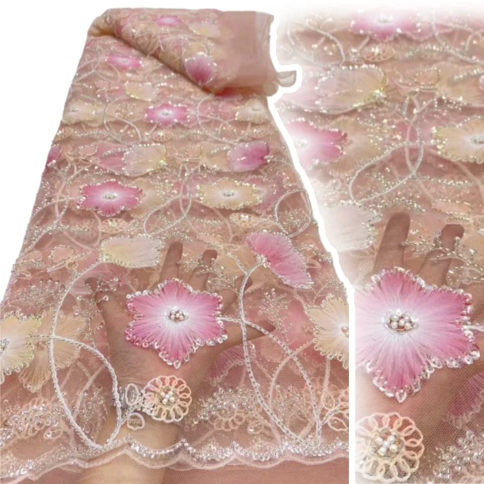

New Arrival Luxury 3D Flower French Net Lace with Sequins Latest Nigreian Beads Tulle Lace Embroidery Fabric Wedding Dress T1491
