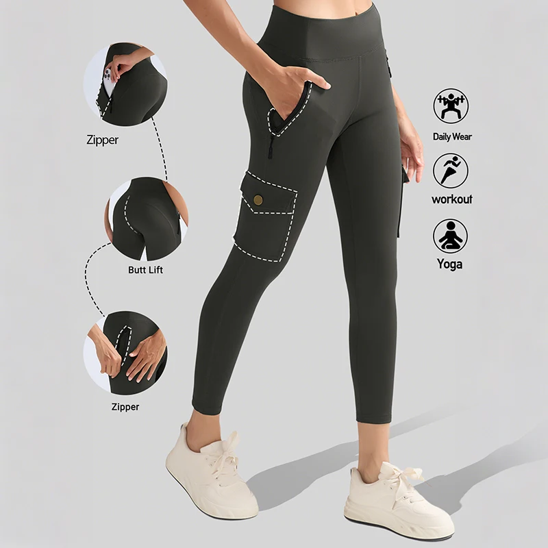 

Double Zip Pocket Utility Yoga Pants Women's Stretch Tummy Control Fintness Sports Leggings Butt Lift Solid Color Running Pants
