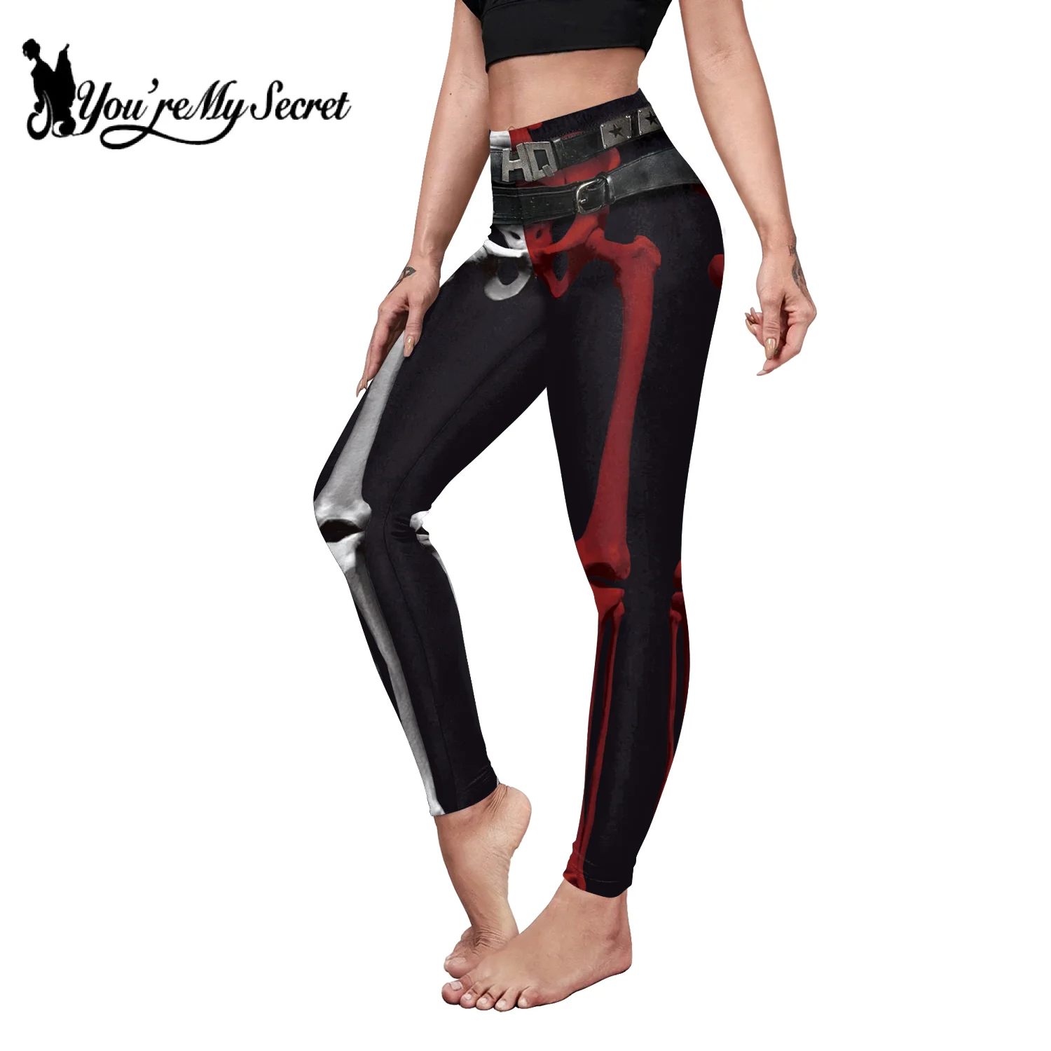 [You're My Secret] Women Leggings Punk Style Trousers Funny Skinny Yoga Pants 3D Printing Skeleton Leggings Casual Elastic Wear