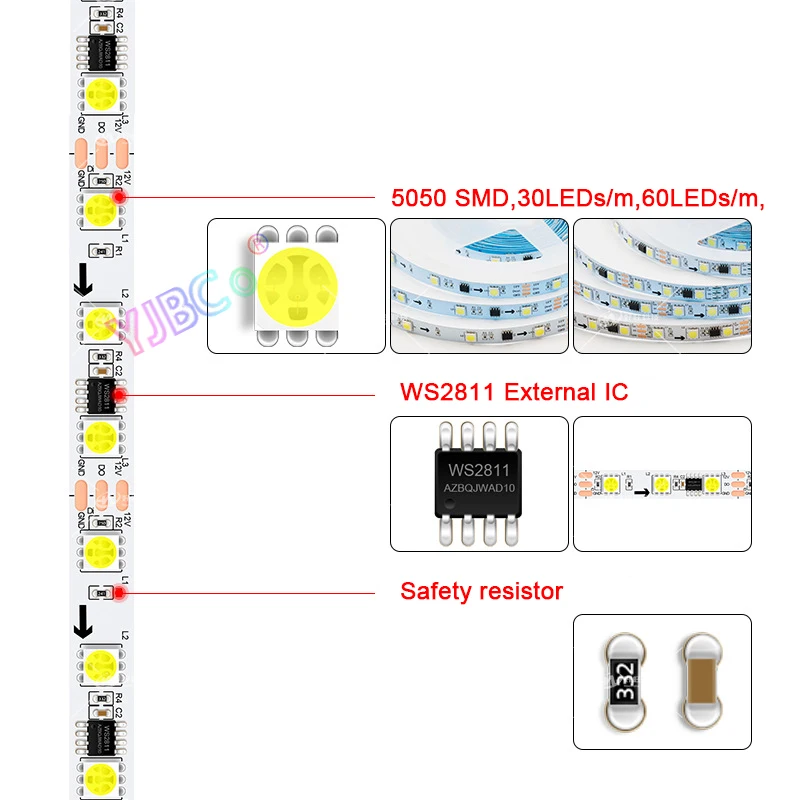 어드레서블 화이트/웜 화이트 LED 스트립, 단색 램프 테이프, SMD 5050 픽셀, 단색 스마트 라이트 바, 24V DC 60LEDs/m, WS2811