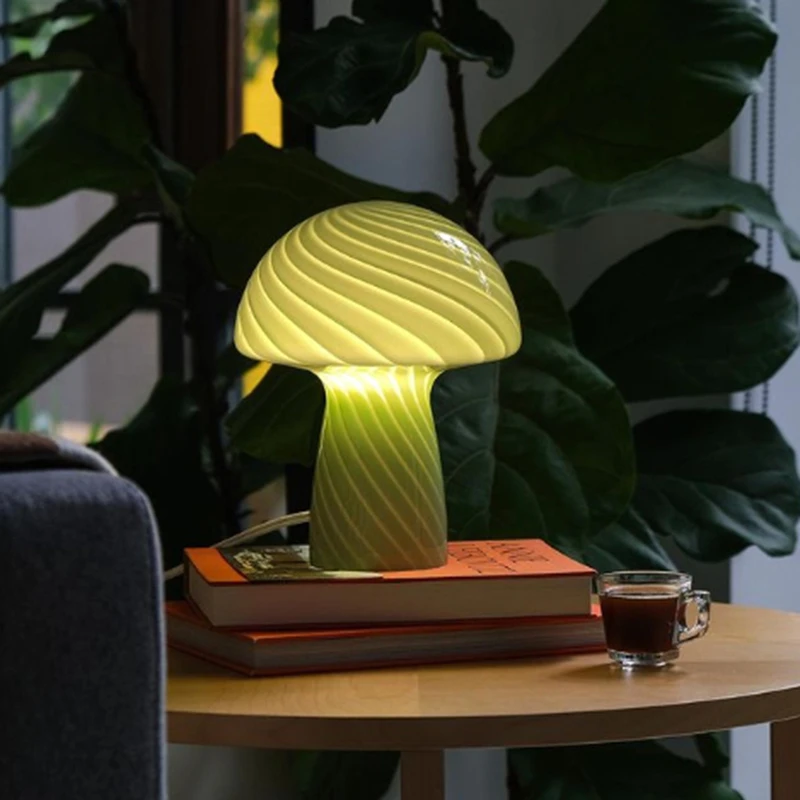 Glass Mini Mushroom Table Lamp Room Decoration Led Night Light Vintage Striped Home Decor Girl Bedroom Atmosphere Lighting Lamps