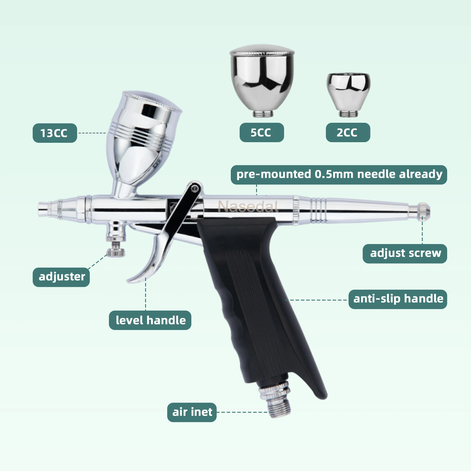 Nasedal 0.3/0.5/0.8mm Double Action Airbrush 2cc 5cc 13cc Gravity Feed Spray Gun Air Brush kit Car Paint Model Sprayer