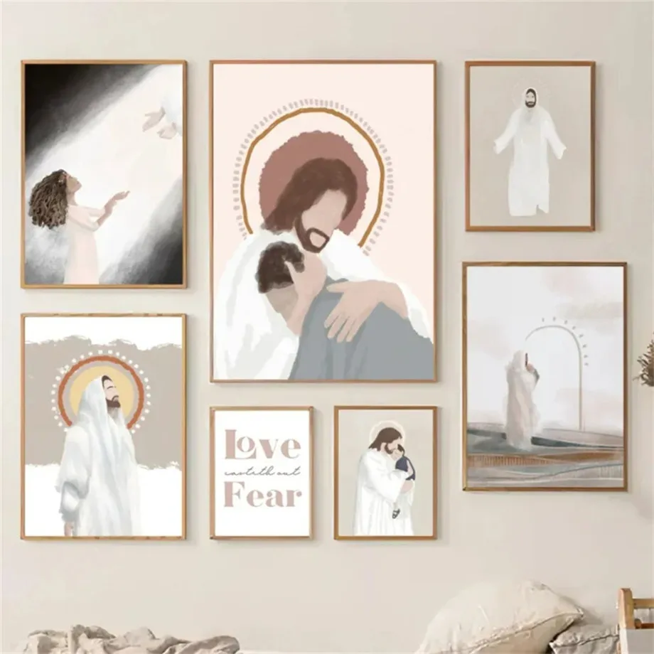 Holy Christ Jesus Guided Light Girl Boy Wall Art Canvas Painting Nordic Posters and Prints Wall Pictures for Living Room Decor