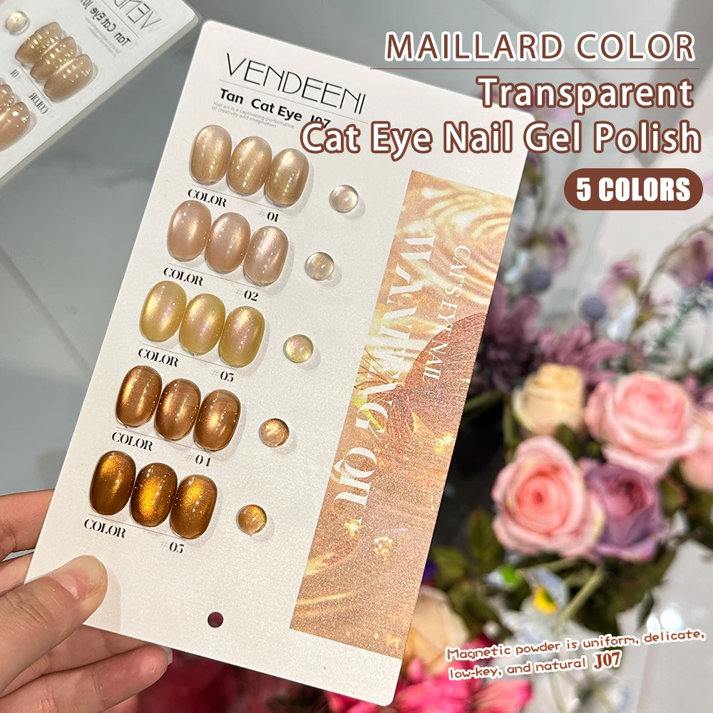 Vendeeni 5 Farben/Set Kristall-Katzenaugen-Gel-Nagellack Magnetischer UV-Soak-Off-Gel-Lack Braun Nude Rosa Gel-Lack mit Display – Detail 3