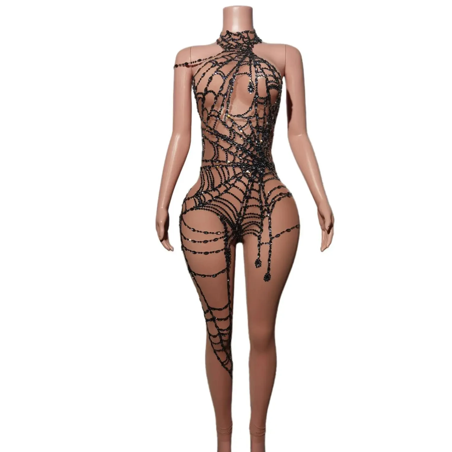 

See Through Jumpsuit for Women Spider Web Diamond Sleeveless Fitnes Activity Workout Overalls Slim Stretch Club Dance Stage Wear