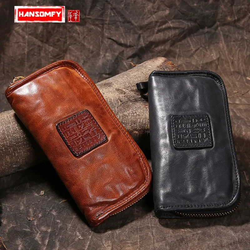 Genuine Leather Long Zipper Large - Capacity Hand - by Wallet Men and Women Locomotive Retro Checking Leather Wallet Tide Purses