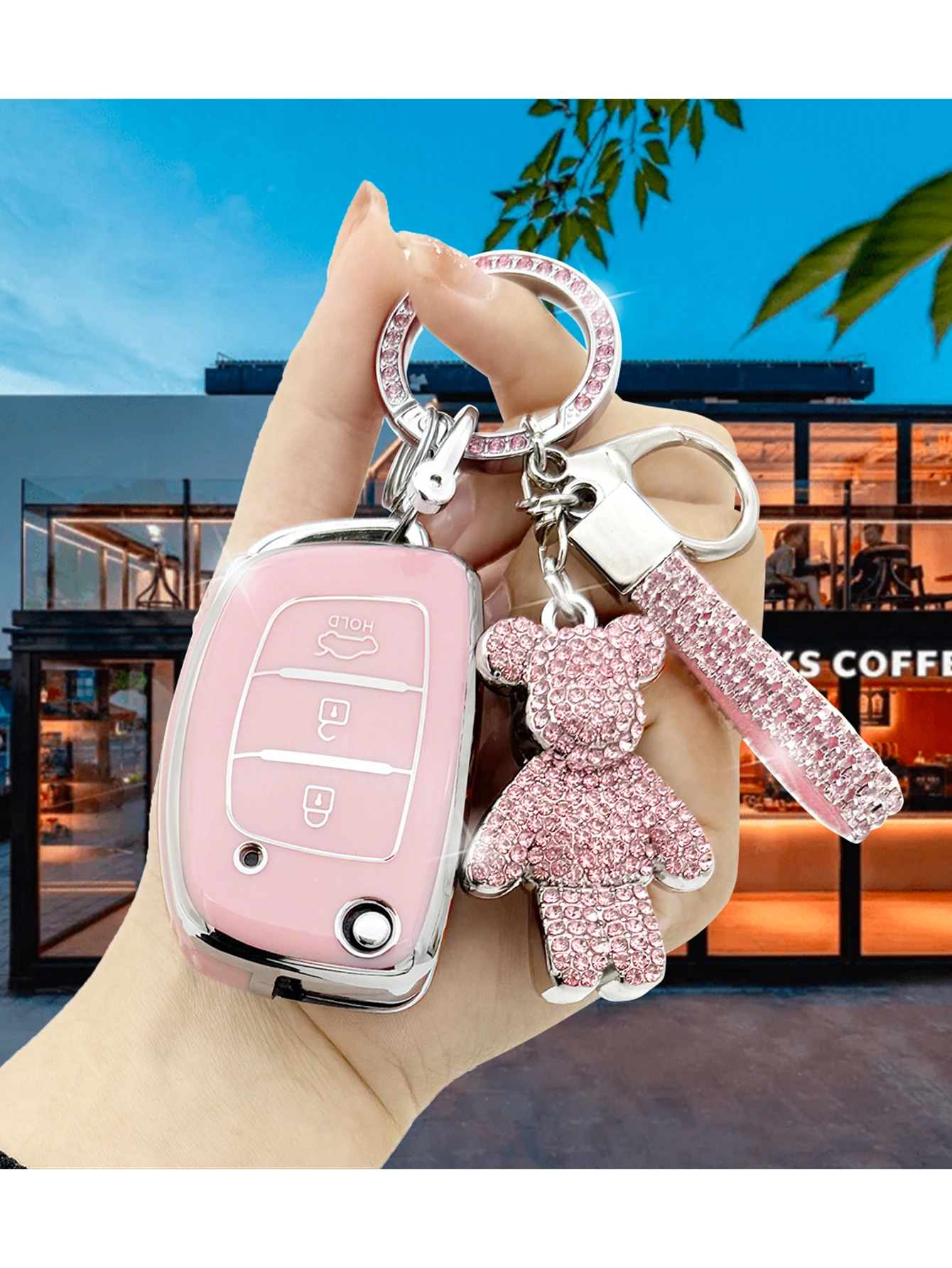 

Fashionable men's and women's full diamond white/pink/cute teddy bear keychain exquisite men's and women's high-end feeling car