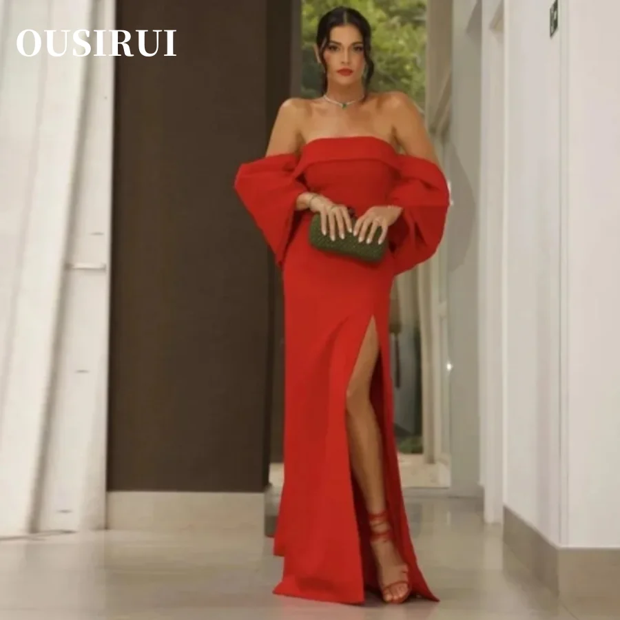 

Off the Shoulder Side Split Wedding Guest Dress Robe 2024 Simple Prom Sexy Red Mermaid Evening Dresses For Woman Gowns Vestidos