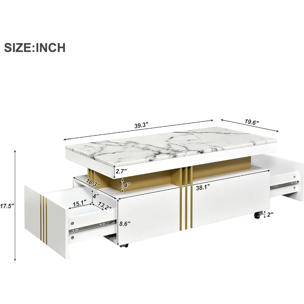 Coffee Table with Faux Marble Top, Modern Center Table with 2 Drawers & Caster Wheels, Contemporary Luxury Cocktail Table