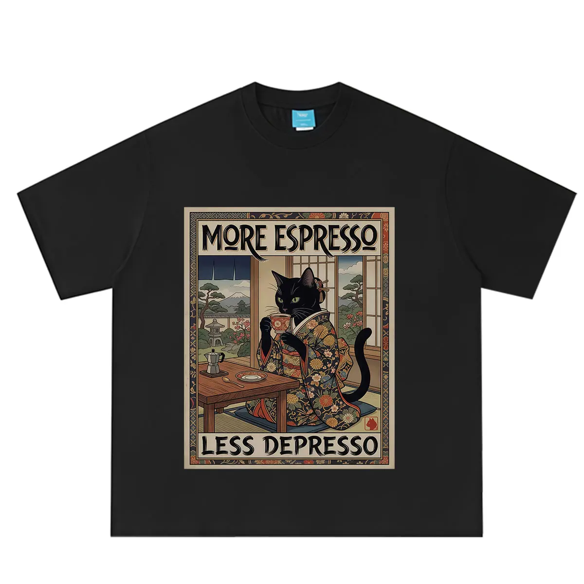 More Espresso Less Depresso Japanese Funny Cat Meme Tshirt Men Women Vintage Fashion T-shirt Summer Loose Casual Cotton T-shirts