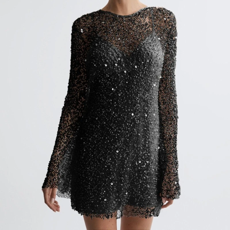 2025 verano Sexy cuello redondo cuentas vestido de malla transparente fuera del hombro vestido de tirantes fiesta boda vestidos de invitados moda mujer Mini Drees