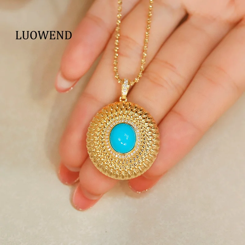 LUOWEND 100% 18K Yellow Gold Necklace Vintage Metal Style Real Natural Turquoise Pendant Necklace for Women High Party Jewelry