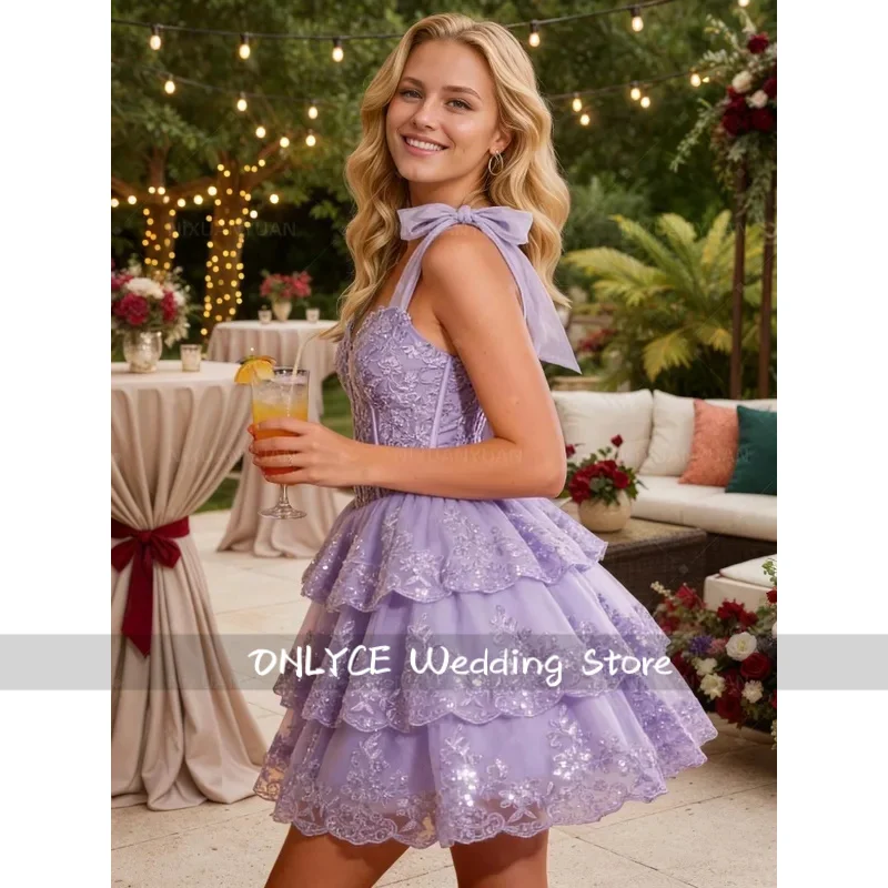Sparkly Corset Tiered Lace Tulle Prom Dresses for Teens 2026 Short Bow Straps Formal Homecoming Gowns Sweet 16 Customized 2