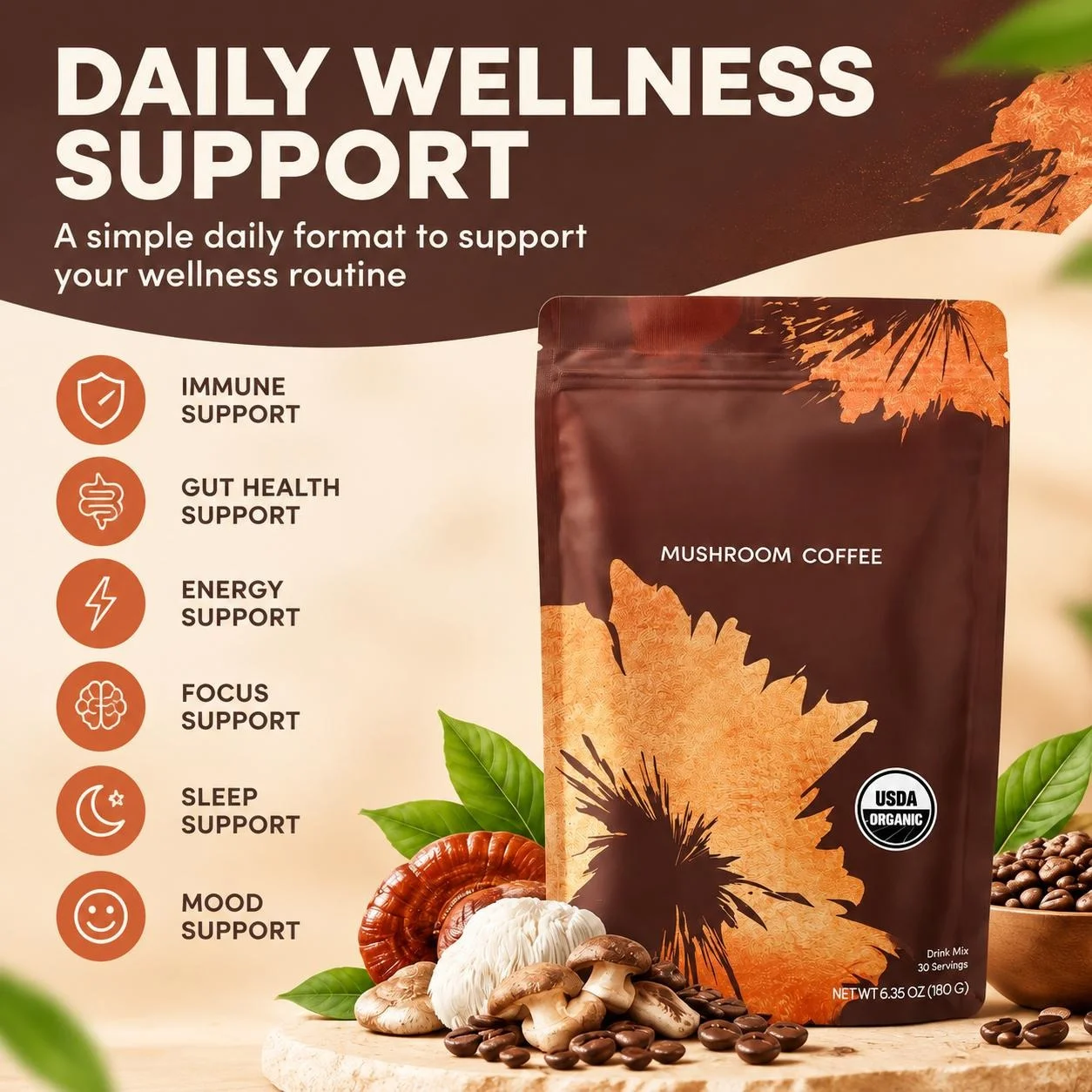 Functional Mushroom Supplement Powder Lion's Mane Reishi Cordyceps Blend Energy Focus Support Vegan Daily Wellness 30 Servings
