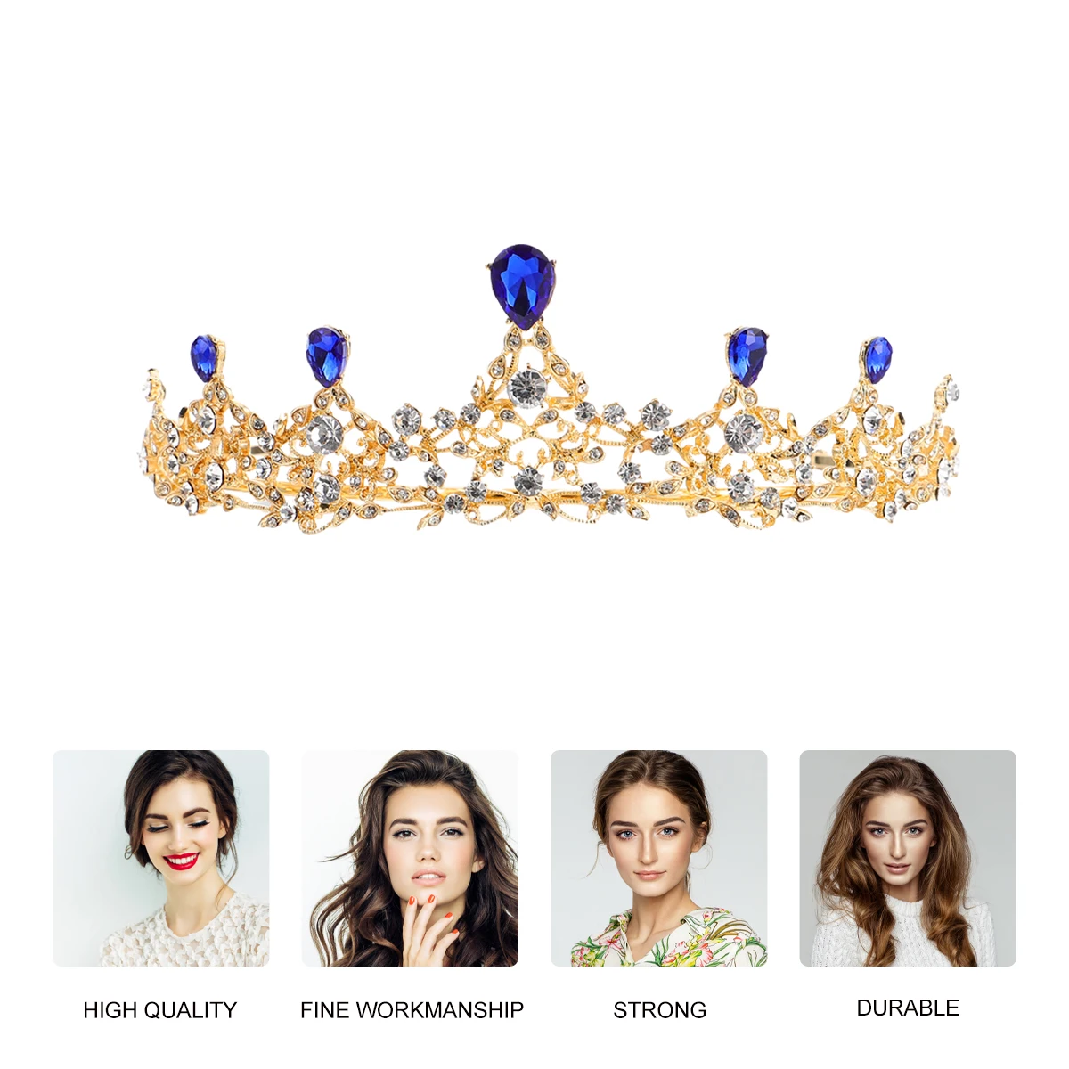 

Vintage Crystal Tiara Bridal Blue Rhinestone Accessories Wedding Party Women Girls Bridesmaid Headband Alloy Golden Hoop Durable