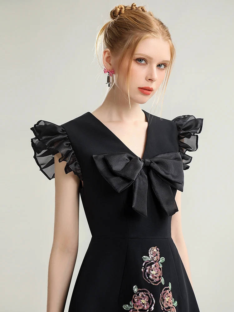 Designer Model Elegant Romantic Black Dress Women's Niche Summer New Sequins Embroidery Ruffled Flying Sleeves Pettiskirt Lady