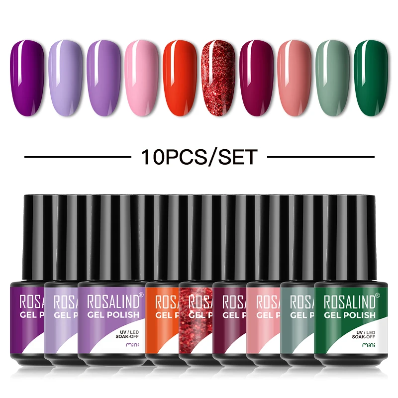 

ROSALIND 10PCS Set Gel Nail Polish Kit UV Nail Art Design Semi Permanent Varnishes Soak Off Base Top Coat Nail Gel Need LED Lamp