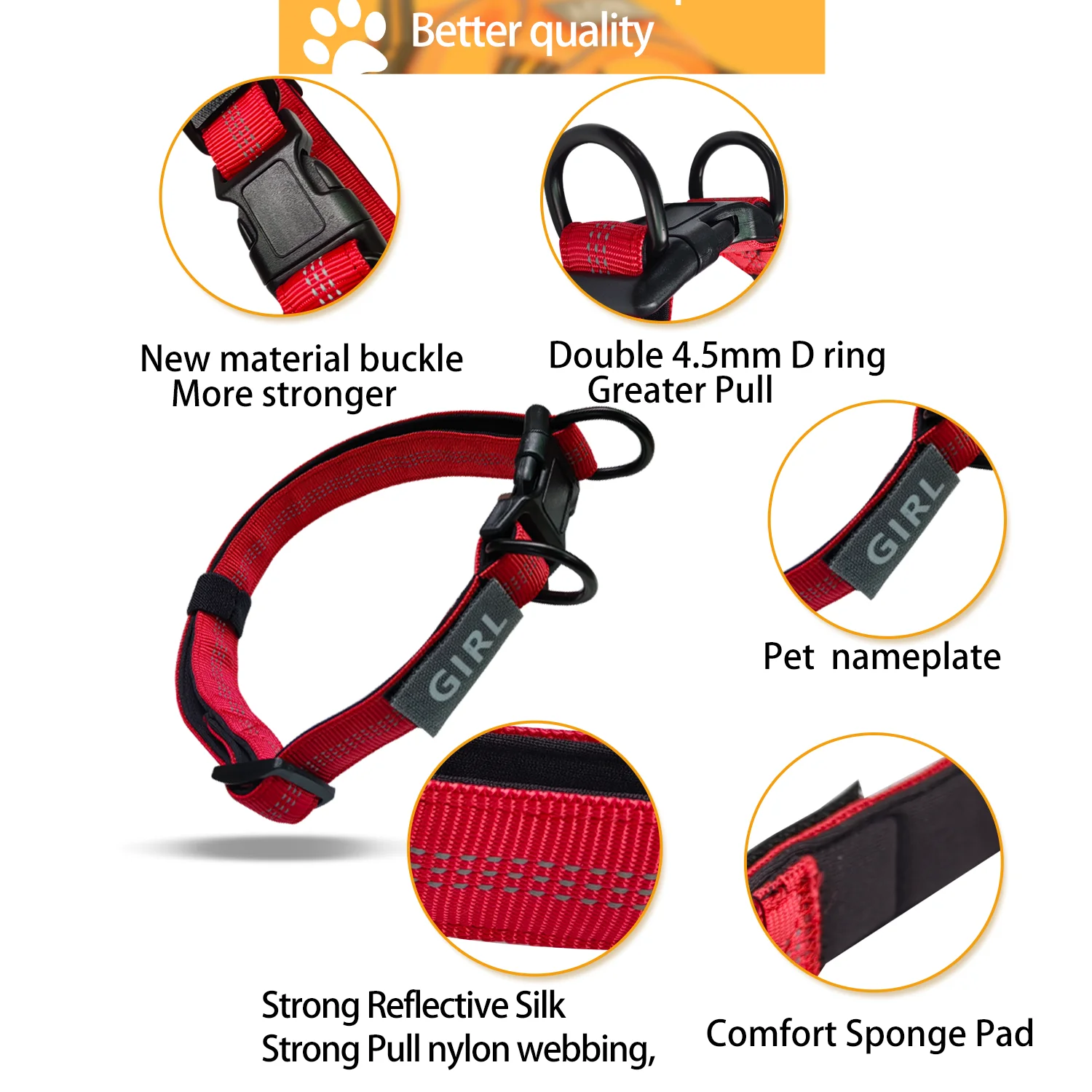 Reflective Dog Collar,Soft Neoprene Padded Breathable Nylon Pet Collar, Adjustable for Large Dogs, Double D Ring